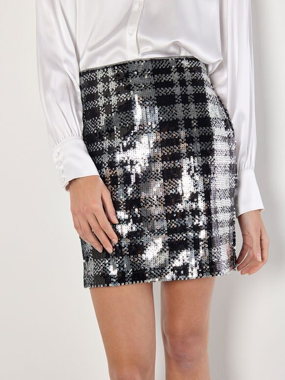 Check Sequin Mini Skirt, Black, large