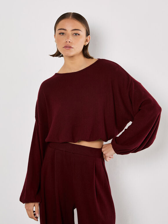 Soft Ribbed Crop Top, Burgundy, large