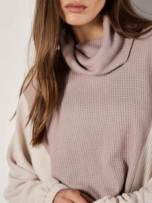 Colour Block Cowl Neck Top, Stone, large