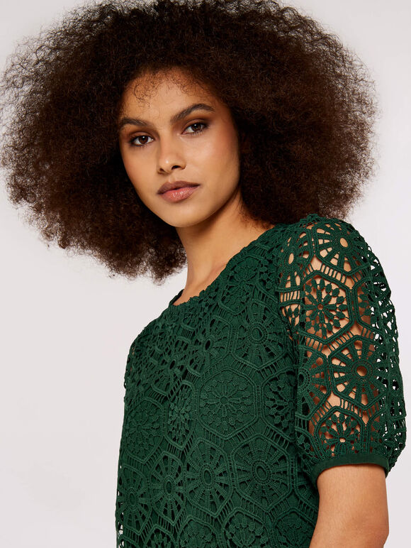 Geometric Lace Shift Dress, Green, large