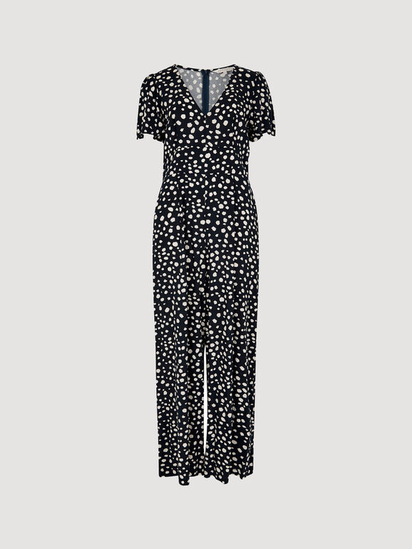 Painterly Dot Wide-Leg Jumpsuit, Navy, large