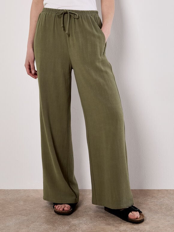 Linen Blend Wide Leg Trousers, Khaki, large