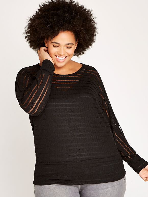 Mesh Stripe Batwing Top+, Black, large
