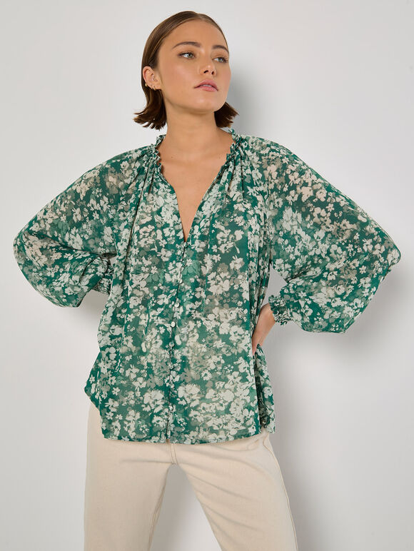 Blurred Floral Chiffon Blouse, Green, large