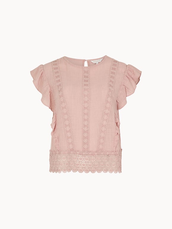 Ruffle Embroidered Cotton Top, Pink, large