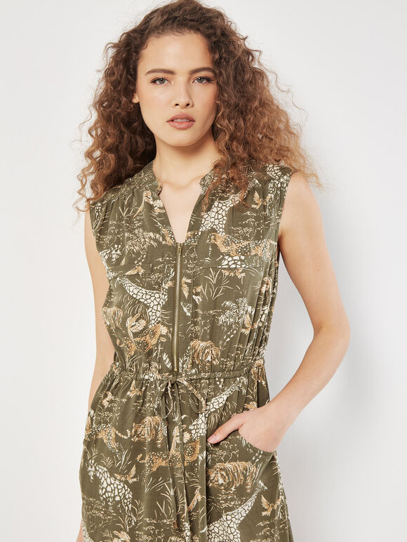 Tropical Animal Print Zip Mini Dress, Khaki, large