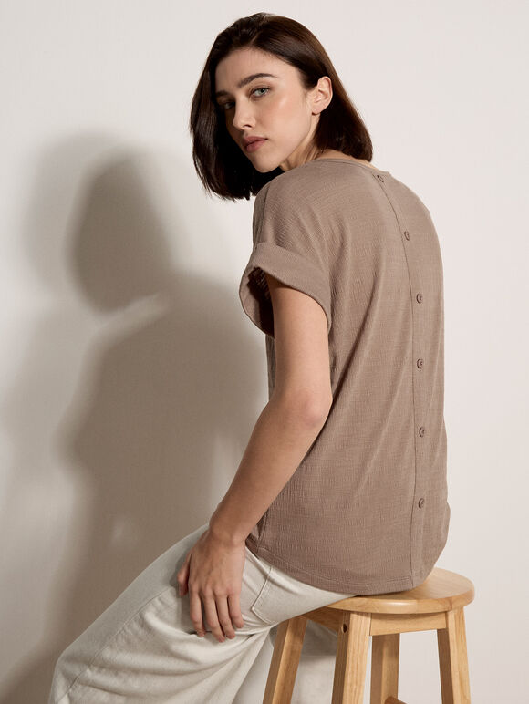 Button Back Textured T-Shirt, Stone, large