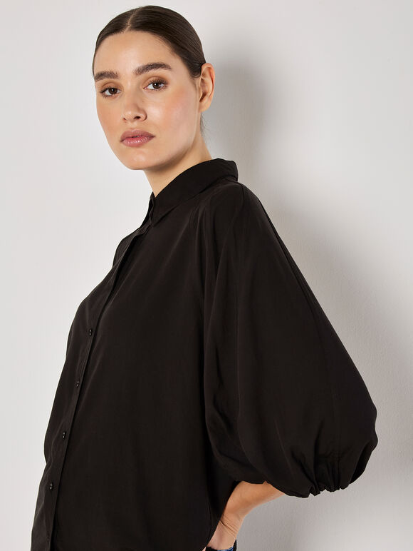 Seam Detail Puff Sleeve Shirt, Black, large