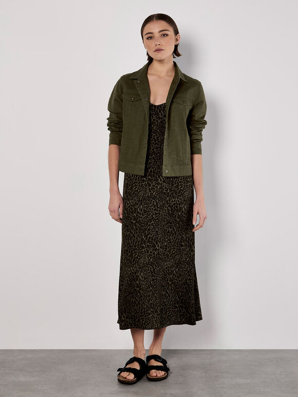 Animal Print Crepe Maxi Slip Dress, Khaki, large
