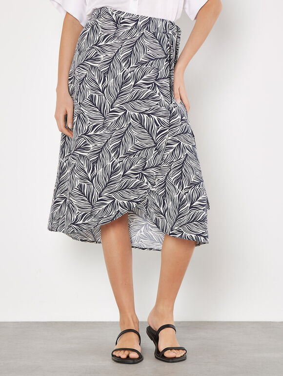 Geo Leaf Wrap Midi Skirt, Navy, large
