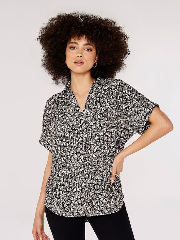 Textured Print Pleated Top, Black, large