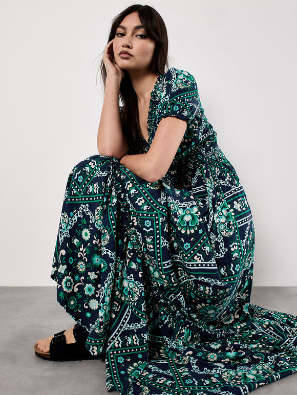 Scarf Print Smocked Maxi Dress, Navy, large