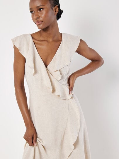 Ruffle Wrap Linen Blend Midi Dress