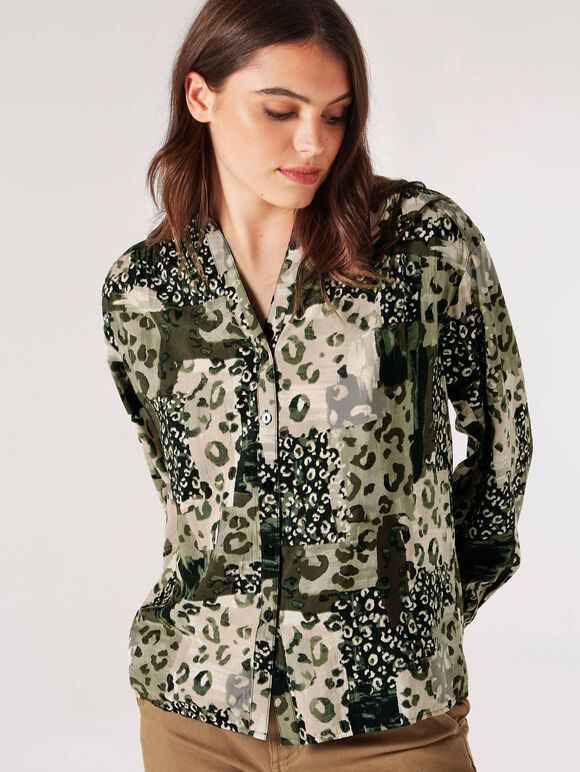 Animal Patchwork Print Blouse, Khaki, large