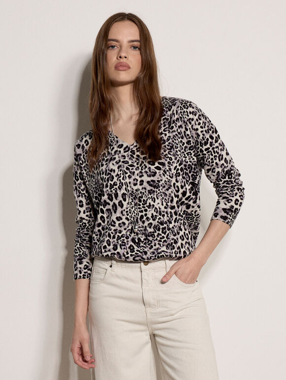Leopard Print Lightweight Ribbed Jumper, Light Grey, large