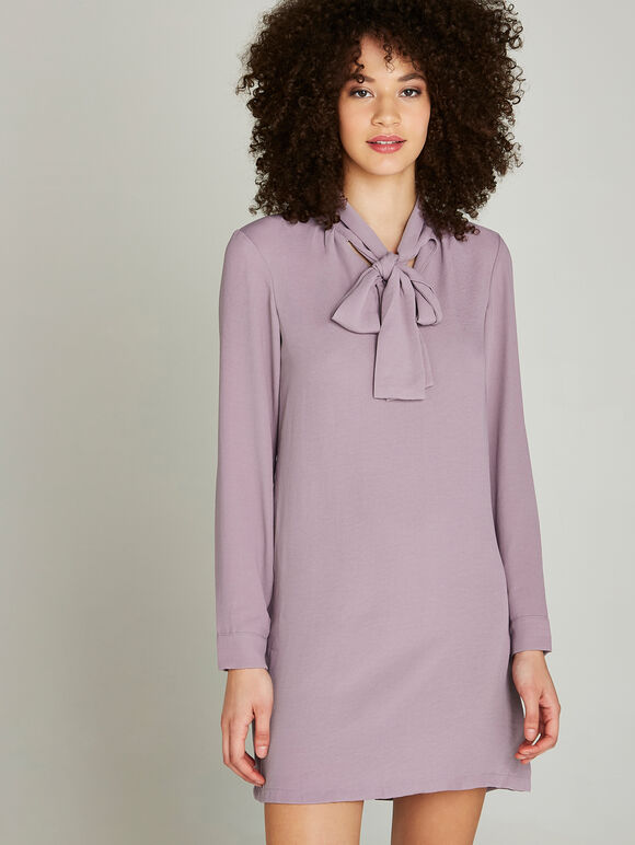 Pussybow Neck Detail Shift Dress, Lilac, large