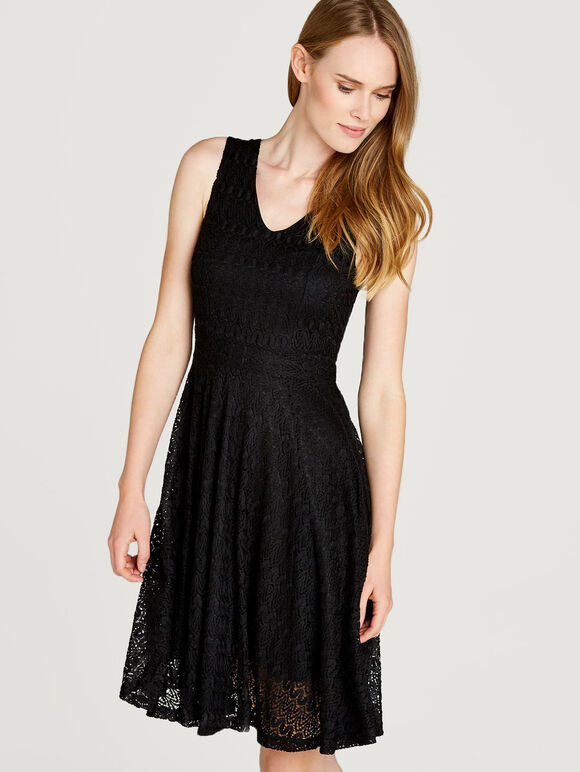 Chevron V-Neck Skater Dress, Black, large