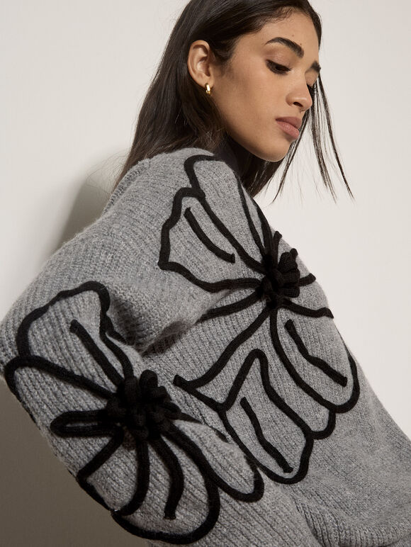 Floral Cornelli Embroidered Jumper, Grey, large