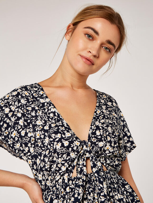 Floral Tie Front Dress, Navy, large