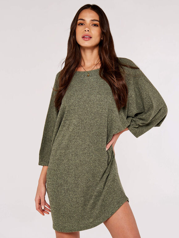 Ribbed Cocoon Mini  Dress, Khaki, large