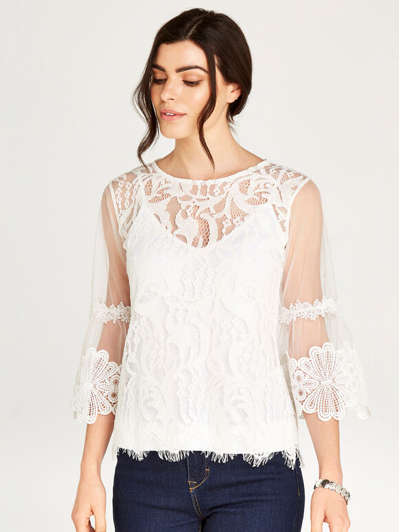 Corded Lace Bell Sleeve Top, White, large
