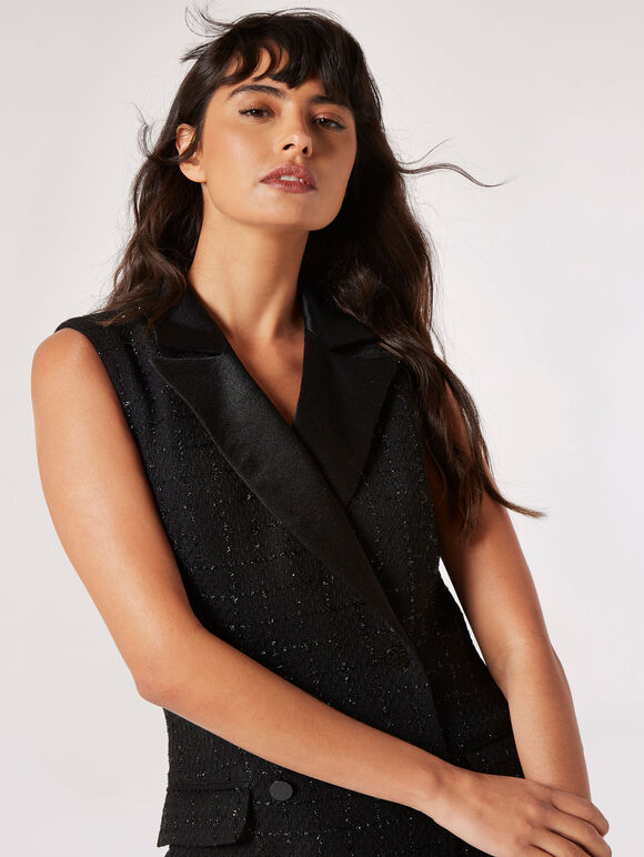 Sparkle Tweed Blazer Mini Dress , Black, large