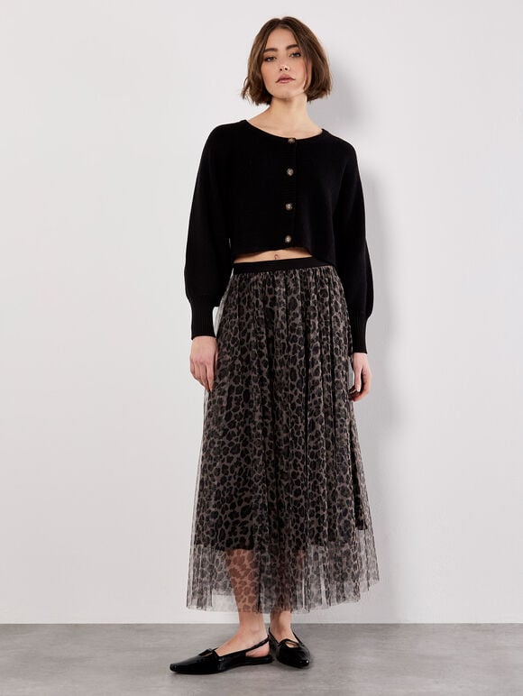 Leopard Tulle Skirt, Brown, large
