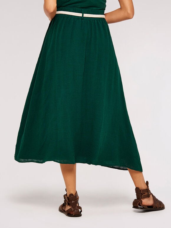 Rope Belt Cotton Midi Skirt, Green, large