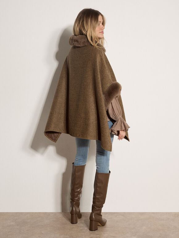 Textured Faux Fur Trim Cape, Brown, large