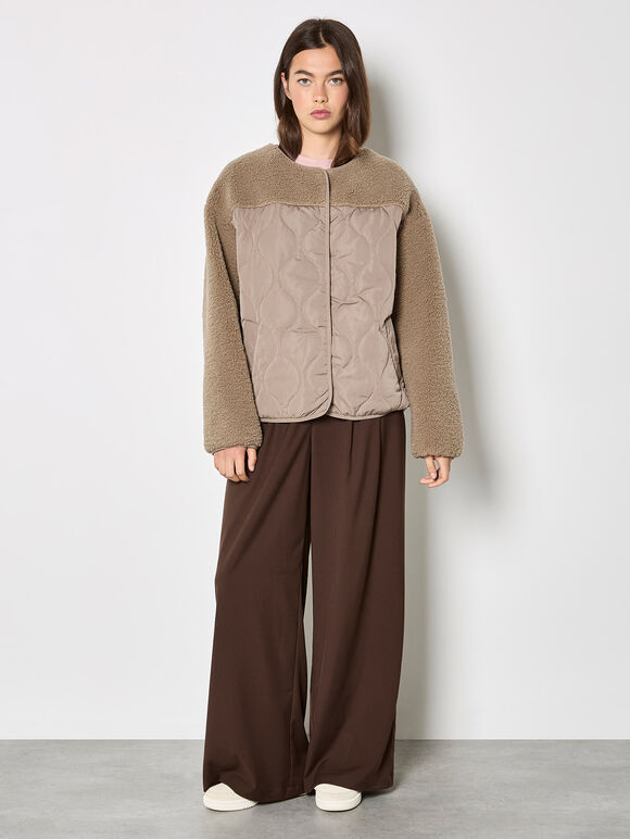 Contrast Borg Quilted Jacket, Brown, large