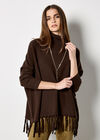 Roll Neck Fringe Poncho Jumper, Brown, large