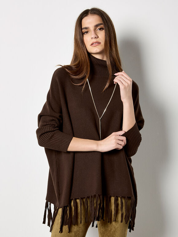 Roll Neck Fringe Poncho Jumper, Brown, large