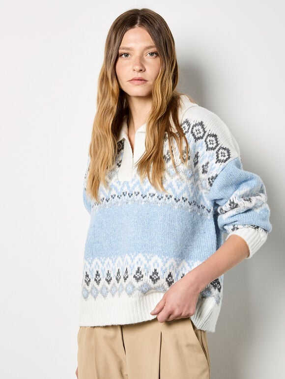 Open Collar Fair Isle Jumper, Blue, large