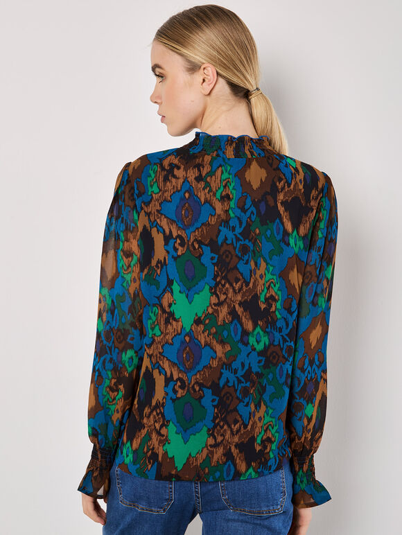 Ikat Print Chiffon Blouse, Teal, large