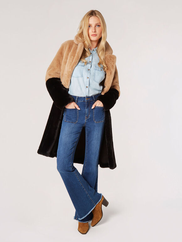 Reversible Suede Faux Fur Coat, Stone, large