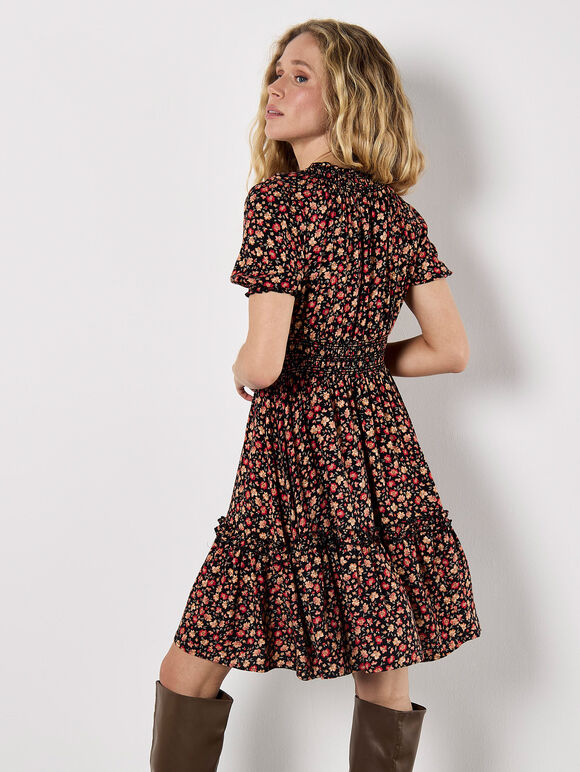 Ditsy Floral Smocked Mini Dress, Orange, large