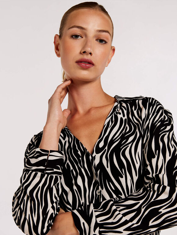 Zebra Print Shirt Dress, Cream, large