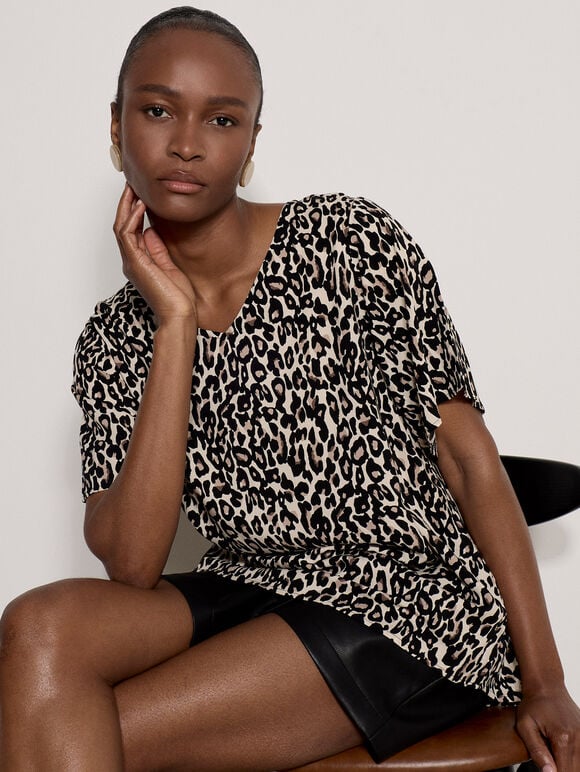 Button Back Animal Print Woven T-Shirt, Stone, large
