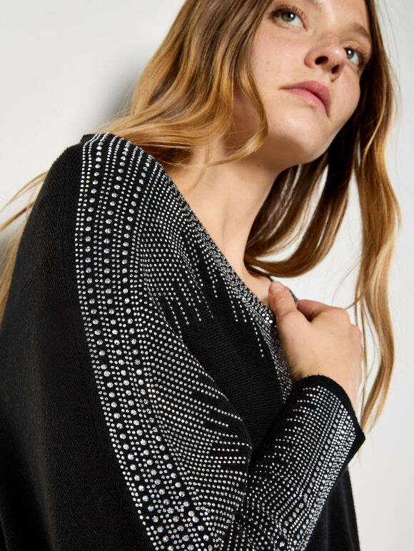 Diamante Embellished Rib Knit Jumper, Black, large