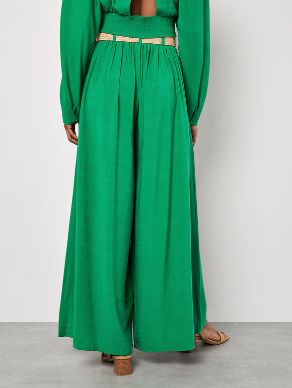 Pleated Palazzo Trousers With Belt, Green, large