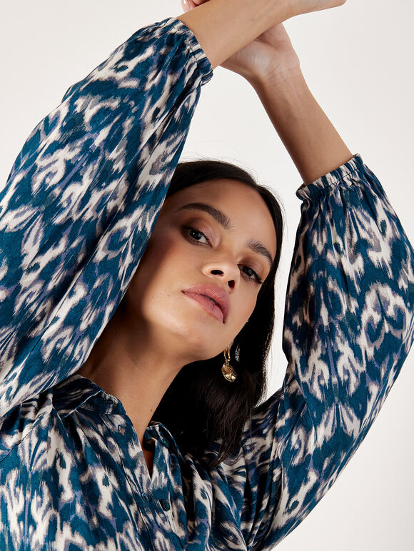 Ikat Tiered Shirt Midi Dress, Teal, large