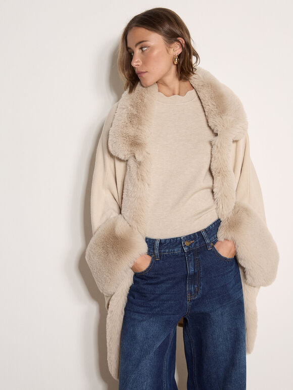Faux Fur Trimmed Cape, Stone, large