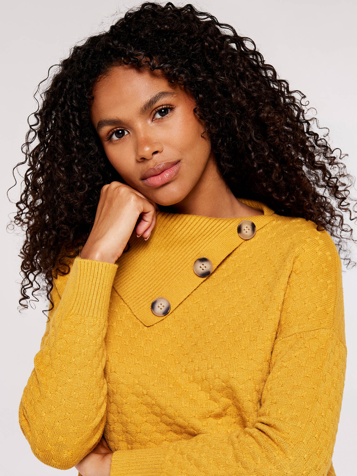 Button Neck Textured Jumper Apricot Clothing