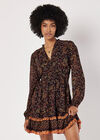Paisley Ruffle Mini Dress, Black, large