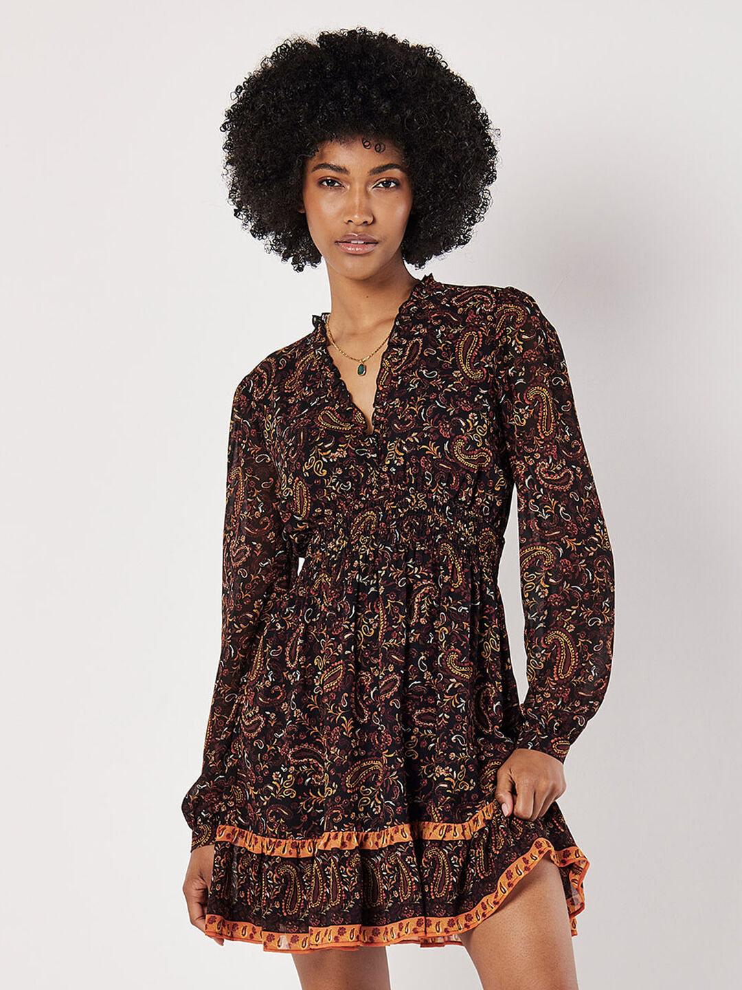 Apricot Women's Paisley Ruffle Mini Dress in Black | Size: 10