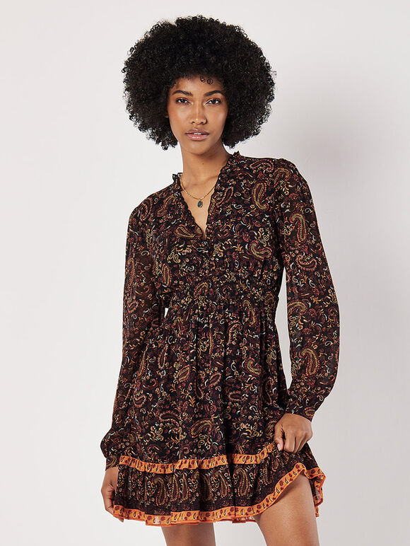 Paisley Ruffle Mini Dress, Black, large