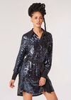Sequin Shirt Mini Dress, Dark Grey - Charcoal, large