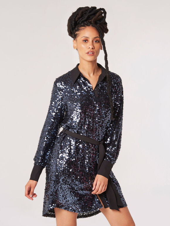 Sequin Shirt Mini Dress, Dark Grey - Charcoal, large