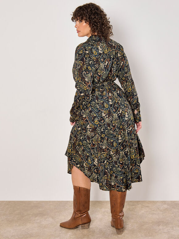 Curve Paisley Floral Shirt Midi Dress, Black, large