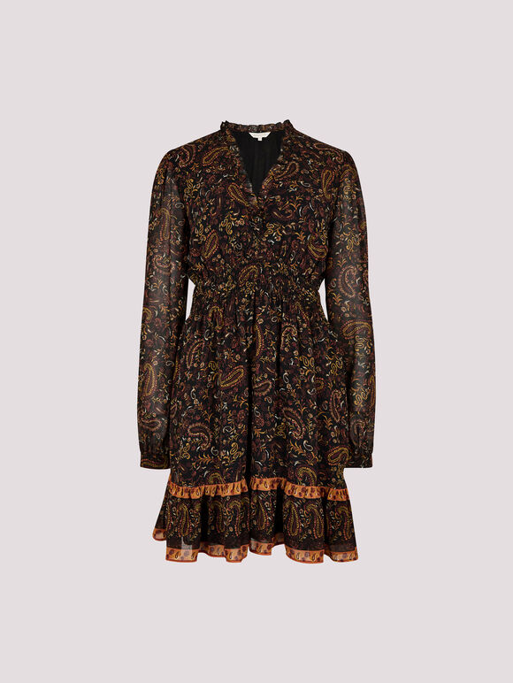 Paisley Ruffle Mini Dress, Black, large